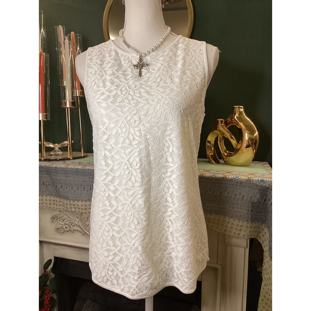 Ann Taylor LOFT Womens White Floral Lace Front Sleeveless Shell Top Size‎ M